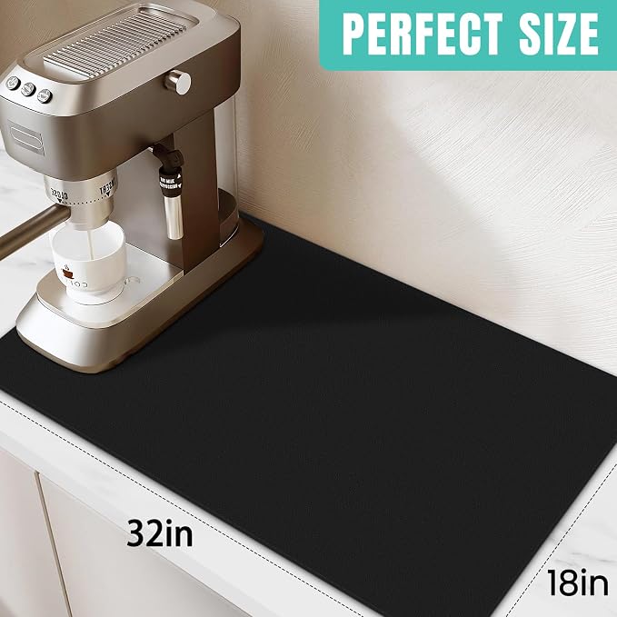 Coffee Mat Super Absorbent Dish Drying Mat Coffee Bar Mat 18"x 32", Black | Match with Coffee Machine Accessories Large Drying Mats for Kitchen Counter