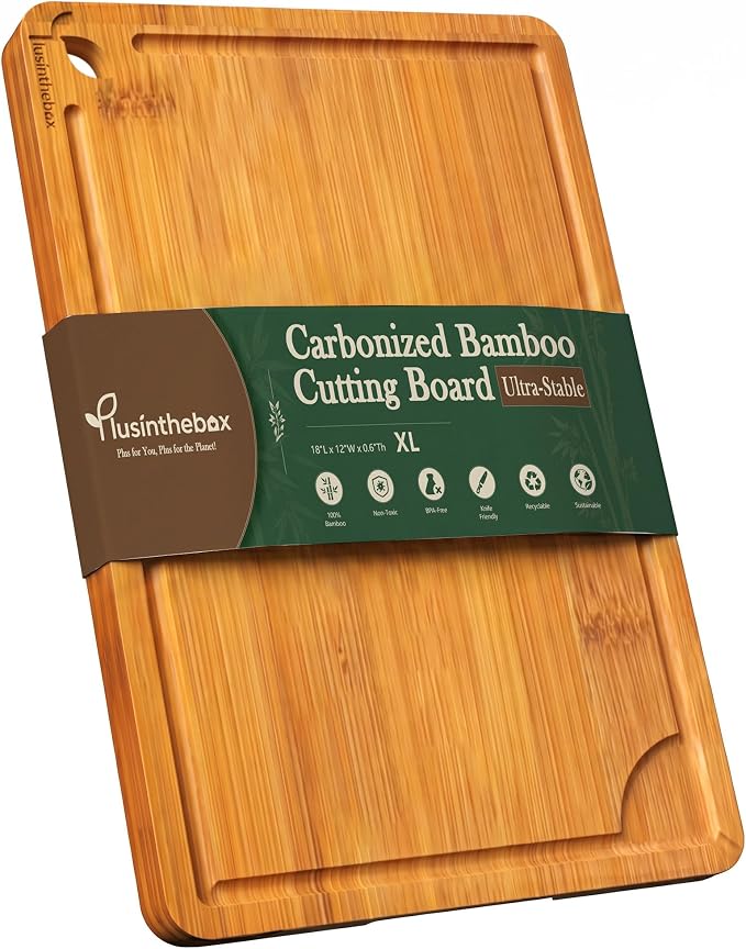 Cutting Boards for Kitchen, Wooden Chopping Board for Meat, Vegetables and Fruit, 18" x 12" XL Deep Carbonized Bamboo Board for Meal Prep, Serving, Daily Cooking and Kitchen Counter