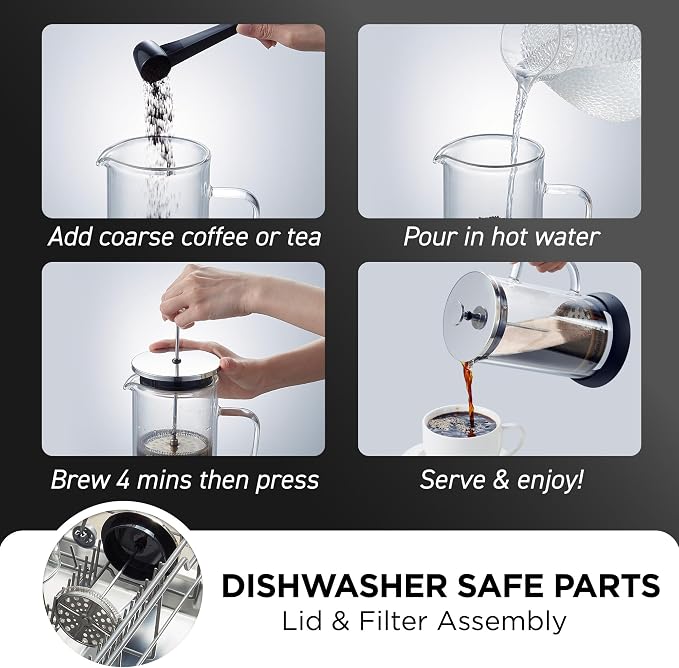 Elite Gourmet FP1223 French Press Coffee Maker, 1-Liter Glass Carafe | Double-wall insulated borosilicate glass, dishwasher-safe steel filter/plunger, removable silicone base - easy to clean