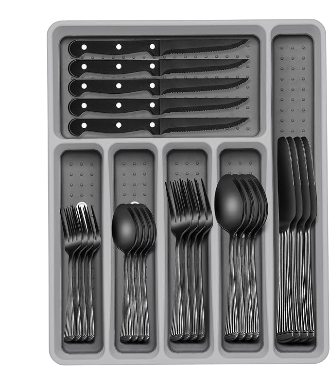 49-Piece Black Silverware Set with Organizer, Food-Grade Stainless Steel Black Flatware for 8, Cutlery Utensil Sets with Steak Knives, Rust-proof, Mirror Polished, Dishwasher Safe, Roman Column