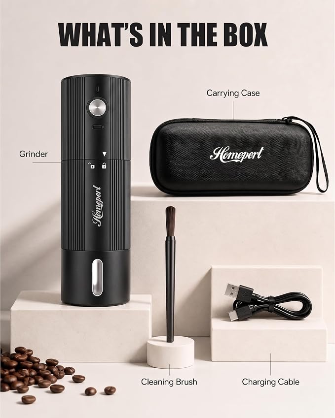 High-Speed Electric Burr Coffee Grinder, Stainless Steel Burrs, Black | Cordless Coffee Mill with 1600mAh Rechargeable Battery, 40 Settings for Pour-Over to Espresso, Portable for Camping, Travel