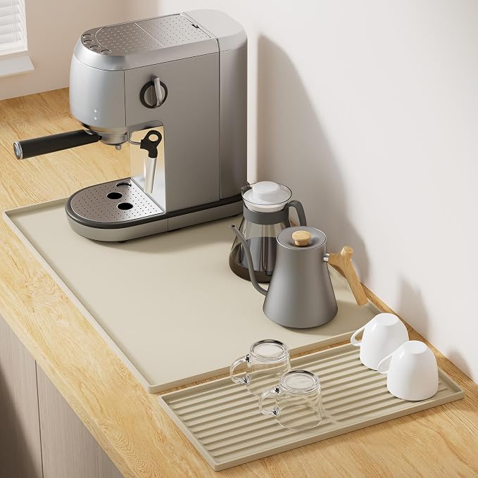 Golener Coffee Bar Mat Set, Silicone Coffee Mat with Raised Edges, 24"x16" | Coffee Mat for Countertop, Waterproof Coffee Station Mat, Dish Drying Mat Under Rack, Heat Resistant Coffee Machine Mat,Beige