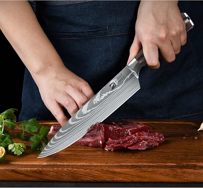 Chef Knife Sets with Roll Bag, 9 Pieces Professional Knife Set | High Carbon Stainless Steel Kitchen Knife Set with Sharpener, Red Pakkawood Handle, Kitchen & Home Cooking, Dishwasher Safe