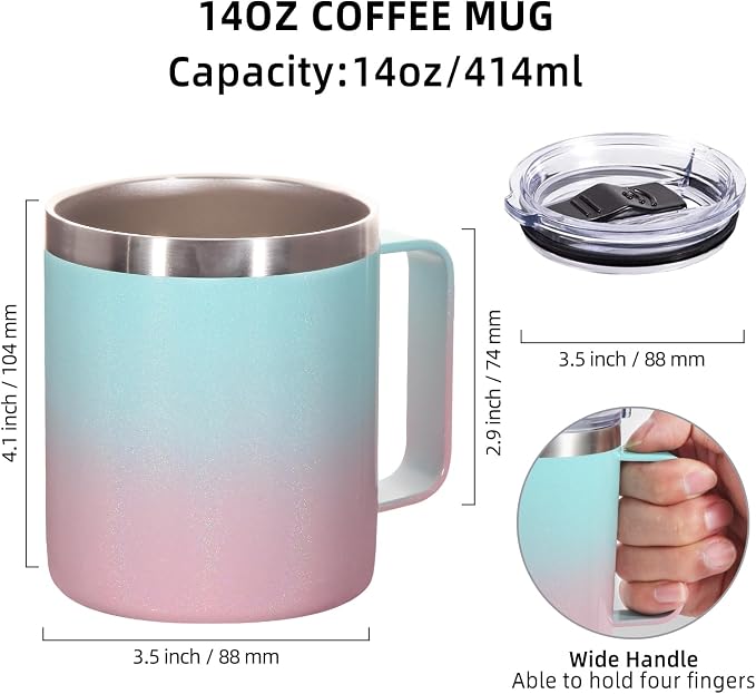Volhoply 14oz Insulated Stainless Steel Coffee Mug with Leakproof Lid,Double Wall Vacuum Travel Coffee Cup with Handle, Reusable Cups Tumbler,Camping Mugs Keep Hot, Ideal Gifts(Green Pink,1 Set)