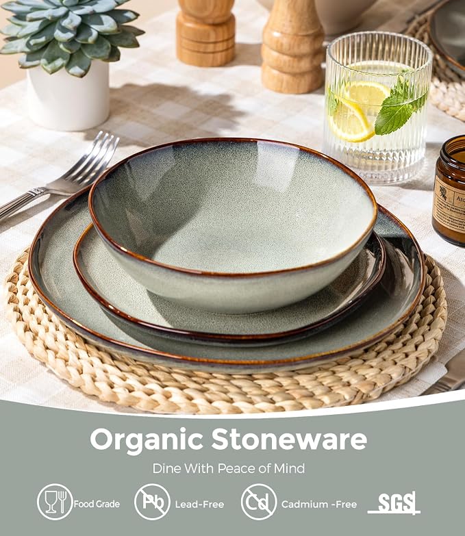 GBHOME Stoneware Dinnerware Sets for 8,24 Piece Rustic Plates and Bowls Set | Earthenware Handmade Reactive Glaze Plate Sets, Chip Resistant Ceramic Dishes, Microwave & Dishwasher Safe, Earthy Sage