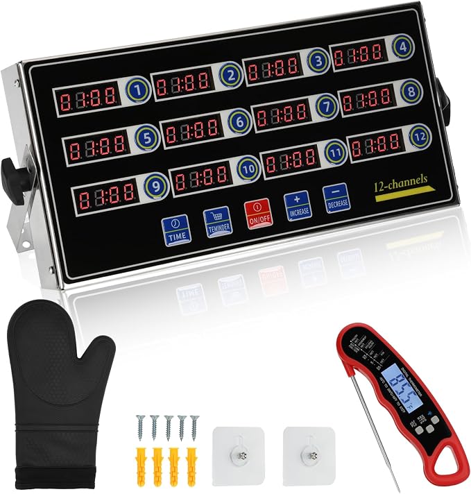Commercial Kitchen Timer for Cooking, 12 Channel Timer Restaurant Kitchen Supplies, Heavy-Duty Timer - Stainless Steel | Digital LED Technology | Reminder Function | Loud Alarm