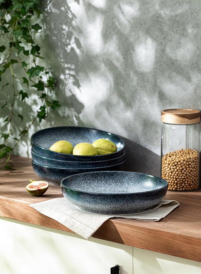S&Q'S CERAMICS Large Serving Bowls Set of 4, 65 oz Wide Shallow Plates, Pasta Serving Dishes for Party, Entertaining, Microwave Safe (Dark Blue)