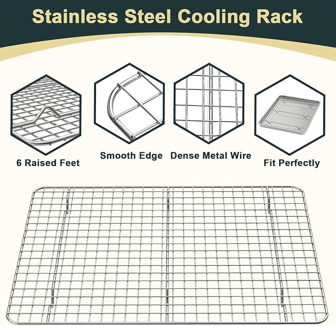Wildone Baking Sheet with Rack Set (2 Pans + 2 Racks), Half Sheet Size | Natural Aluminum Commercial Quality Cookie Sheet with Cooling Rack, Nonstick Baking Pan, Warp Resistant & Heavy Duty