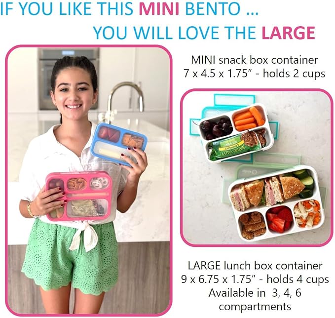 kinsho Small Snack Box Containers for Kids Toddlers, Pink Blue, Set of 2 | 3 Compartments, Leak-Proof, Spill Proof, BPA-Free Reusable Mini Bento Lunch Box for Girl & Boy Daycare School, Holds 2 Cups