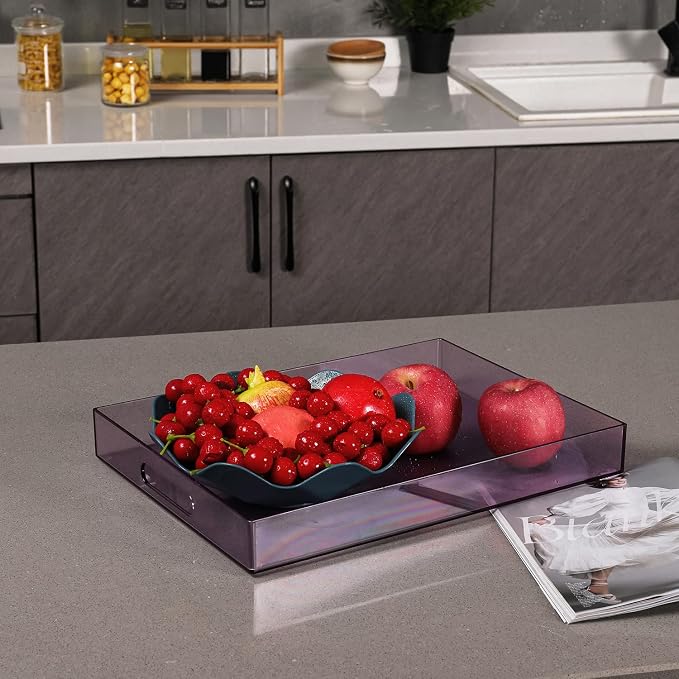 Sooyee Violet Clear Acrylic Serving Tray with Handles, 16" x 12" | Decorative, For Breakfast, Tea, Food, Butler, Coffee, Table Ottoman Vanity Countertop