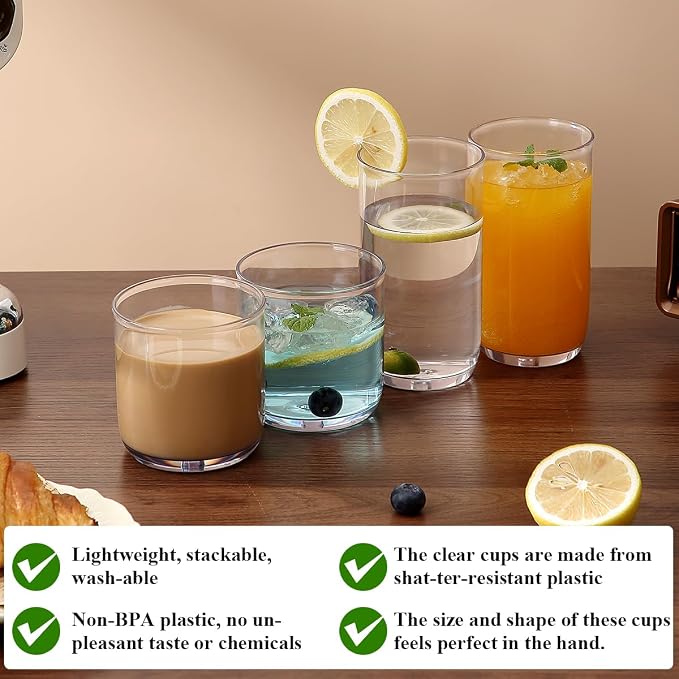 Kyraton Drinking Glasses Set of 12, PET Clear Plastic Highball Glasses 14oz & Whisky Cocktail Glasses Set 11.5oz, Heavy Duty Unbreakable Water Glasses Cup Tumbler Glassware for Beer, Juice, Milk