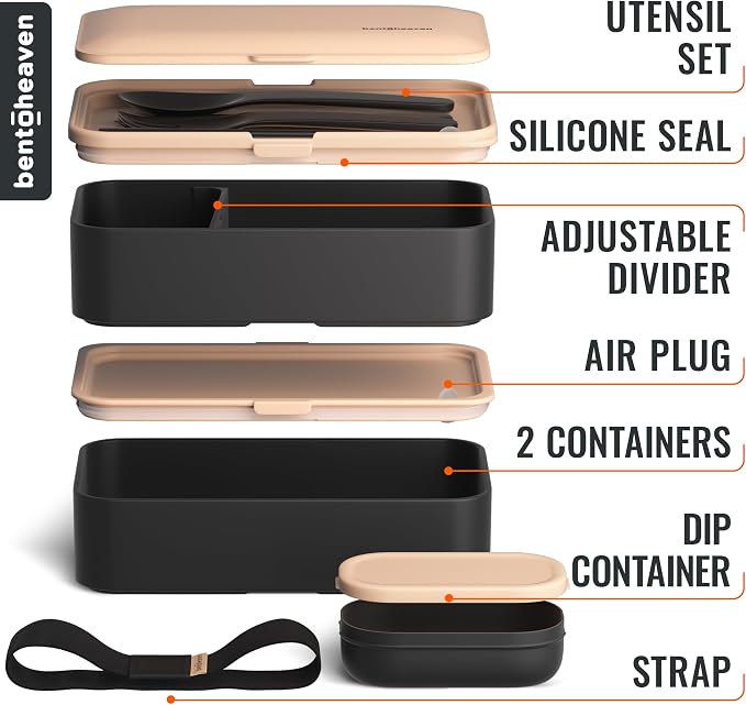 Bentoheaven Bento Box Adult, Stackable Lunch Box, 40 oz, Bingo Flamingo | BPA-free, leakproof and microwave-safe with 2 compartments, utensils, chopsticks, divider and sauce cup for men and women.