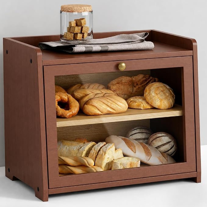 Goozii 2 Tier Bread Box for Kitchen Countertop, Double Layer Breadbox | Dark Brown Bamboo Wood | Storage Cabinet for Homemade Bread | Wooden Walnut