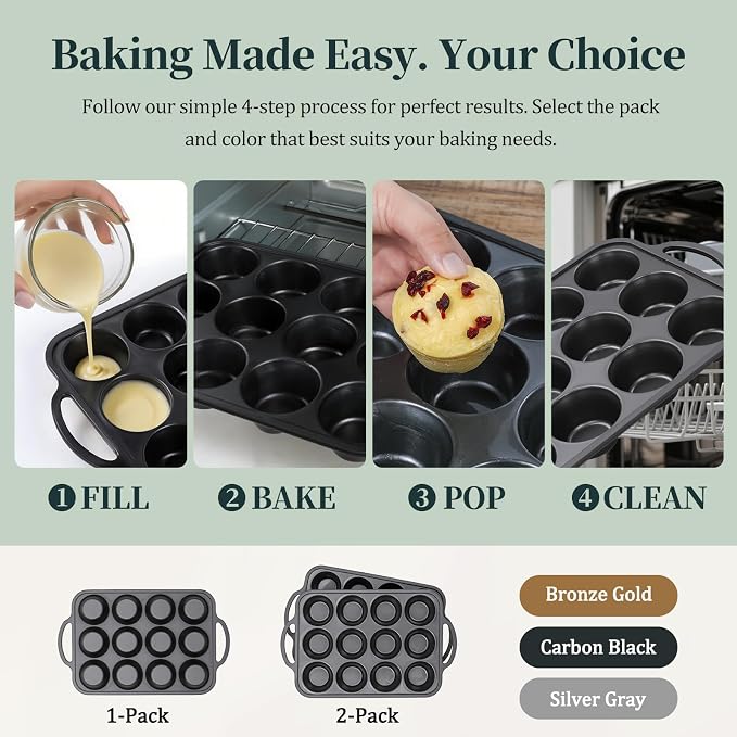 12-Cup Mini Silicone Muffin Pan with Reinforced Steel Frame,Metallic Black | Regular Size Cupcake Pan, BPA Free Silicone Muffin Tray, Reinforced Steel Frame for Stability, Easy Baking & Cleanup, 1Pk