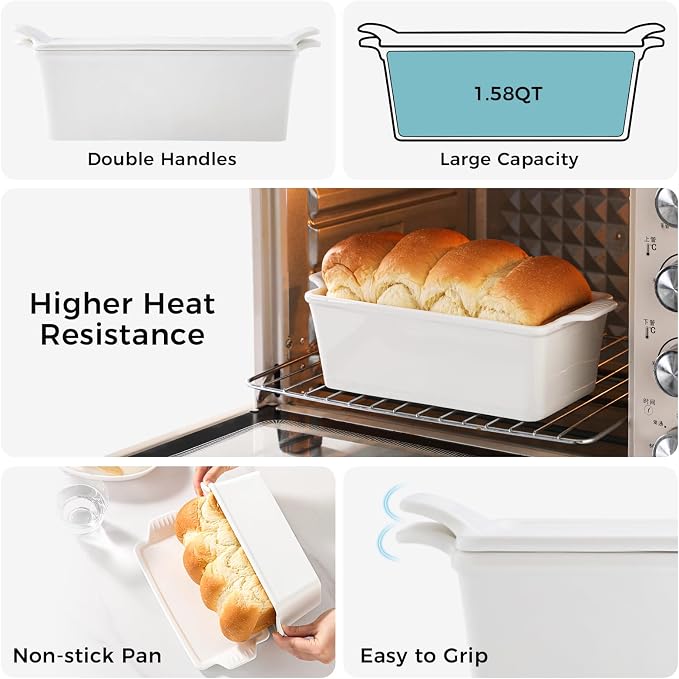 Ceramic Loaf Pan with Lid - 1.58 Qt Deep Bread Pan (10.94" x 5.23"), 2-in-1 Baking Dish for Homemade Bread Banana Bread Meatloaf, Oven Safe to 500°F, Dishwasher Freezer Safe, White