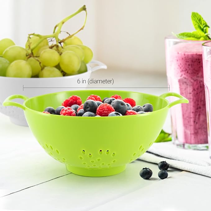 Meadow Lane 6-Inch Small Colanders, 3-Cup Strainers, Green/White, 2-Pack | BPA-free, dishwasher-safe mini colander has a wide, shallow bowl, 1/8-inch holes, two handles, ring foot and smooth edges.