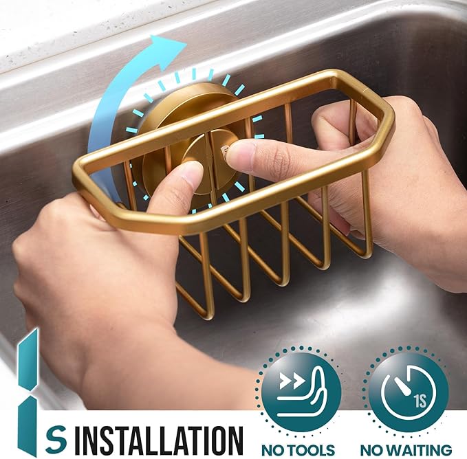 TAILI Sponge Holder for Kitchen Sink with Suction Cup-Gold, Aluminum | Rustproof Aluminum Sink Caddy for Sponges,Brushes,Stoppers & Scrapers,Removable Ventilated Quick-dry Design, holds Up 11lbs