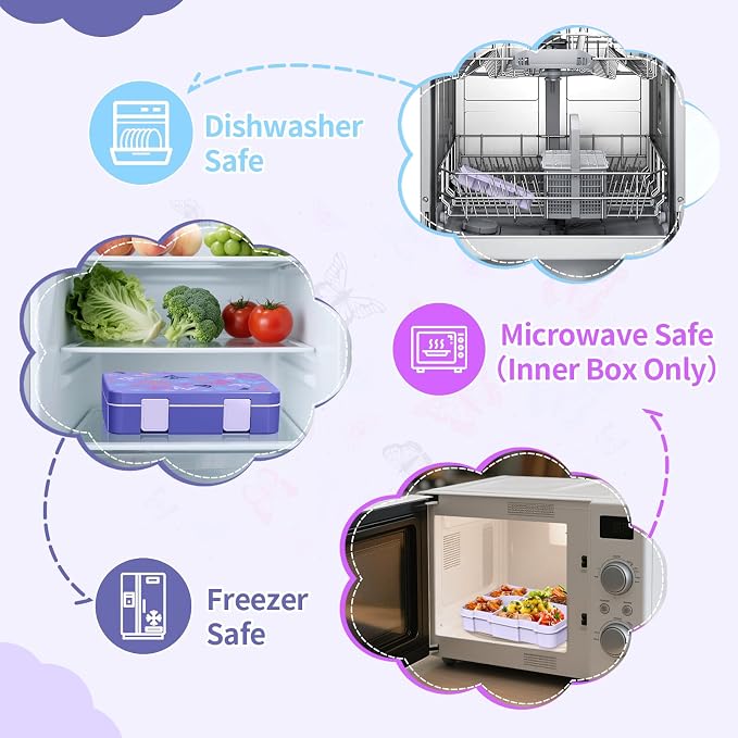 Bento Lunch Box for Kids, Leak-Proof 5-Compartment Cute Lunchbox for Boys Girls, Drop-Proof, Food Container Microwave & Dishwasher Safe, Back to School Supplies for Ages 3 to 7, Purple/Butterfly