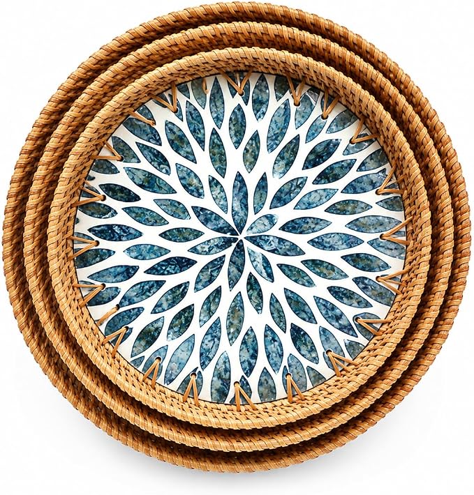 Round Rattan Serving Trays with Mother of Pearl Inlay, Set of 3, Blue | Coffee Table Trays, Decorative Wicker Trays, Bread and Fruit Display, Ottoman Tray Set, Leaf Pattern