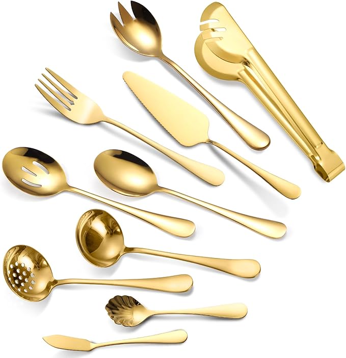 A· HOUSEWARE Gold Kitchen Utensils Serving Set 10 Piece Catering Silverware Stainless Steel Flatware for Buffet Party include Tong Serving Spatula Skimmer Ladles Big Fork Cheese Knife Dessert Spoon