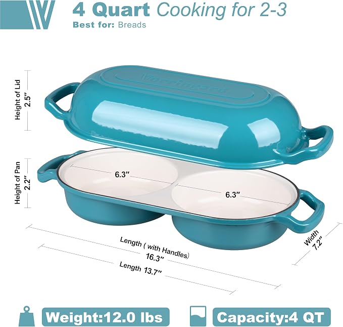 Enameled Cast Iron Double Dutch Oven with Lid, Dual Round Loaf Pan, Bread pan for Homemade Sourdough Bread Baking, Bluegreen