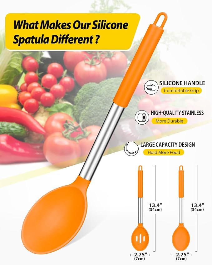 BUNDLEPRO Silicone Cooking Spoons for Non Stick Cookware, 2 Pack, Orange | Heat Resistant, Large Kitchen Spoons for Mixing, Serving, Draining, Stirring