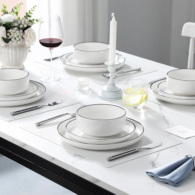 MALACASA 18 Pcs Porcelain Plates and Bowls Sets,Dinnerware Set for 6,White | Modern Ceramic Dishware Set,Kitchen Dining Ware,Microwave and Dishwasher Safe,Simple White with Black Trim Design,Series LUNA