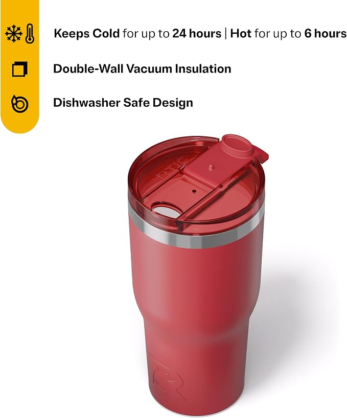 RTIC 30oz Essential Tumbler with Lid, Ceramic Lined, Flag Red | Insulated, Stainless Steel Metal, Portable Travel Cup for Hot and Cold Drinks, Coffee, Car, Camping and Travel