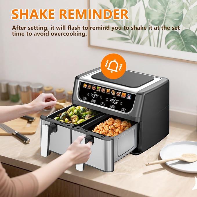 DUMOS 9.5 Quart Dual Basket Air Fryer, 10-in-1 Large Airfryer with Ceramic Crisper Plate, Sync Finish & Match Cook, Shake Reminder, Wide Temperature 80-450°F, Roast Bake Defrost Dehydrate, Black