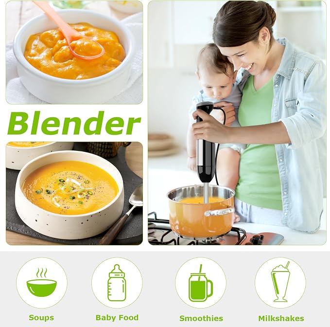 Bonsenkitchen Immersion Blender with Food Processor, 20 Speeds & Turbo Mode | 4-in-1 Emulsion Hand Blender, Egg Whisk, 24 oz Beaker & Chopper Bowl, Portable Hand Mixer for Smoothie, Soup, Baby Food