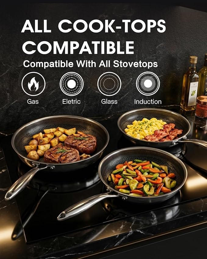 Stainless Steel Non Stick Frying Pan with Lid - PFOA Free | Induction Compatible | Oven & Dishwasher Safe | Stay Cool Handle | Versatile for All Stovetops | Gift