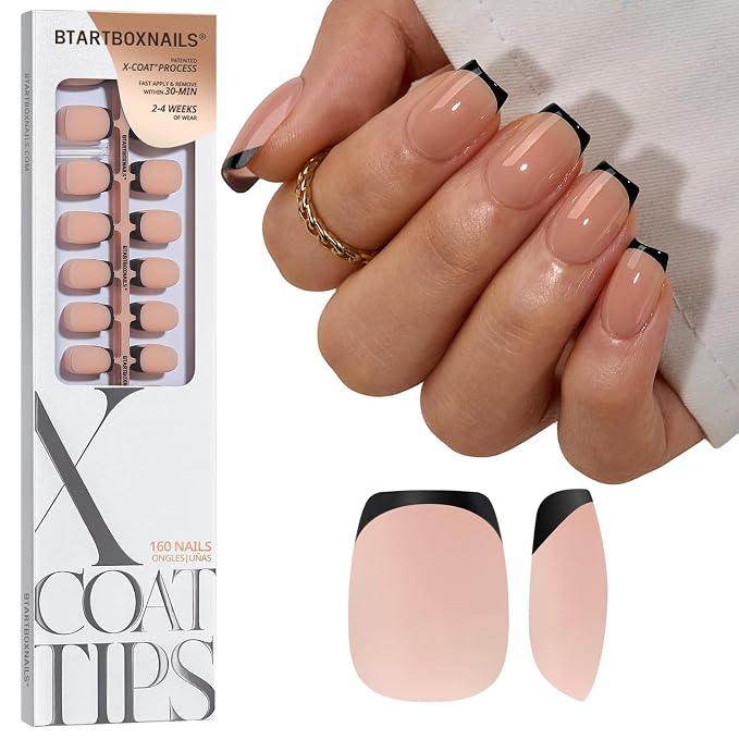 BTArtboxnails XCOATTIPS Black French Tip Press On Nails, XS Coffin, Peach | Lamp-Curable, 4-Week Wear, Natural Nail Look, Salon Quality Value at Home, Easy-to-Apply for Beginners, 160ct Nail Tips Only
