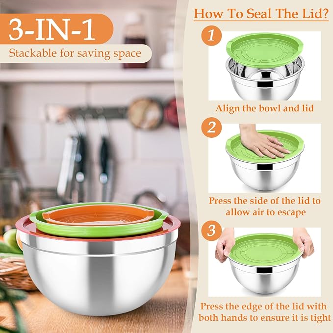 TeamFar Mixing Bowls, Stainless Steel Nesting Salad Bowls Set | Mixing Bowls with Lids & 3 Grater Attachments, For Mixing/Serving/Storing, Non-toxic & Long-lasting, 4.6/3/1.5 QT, Colorful