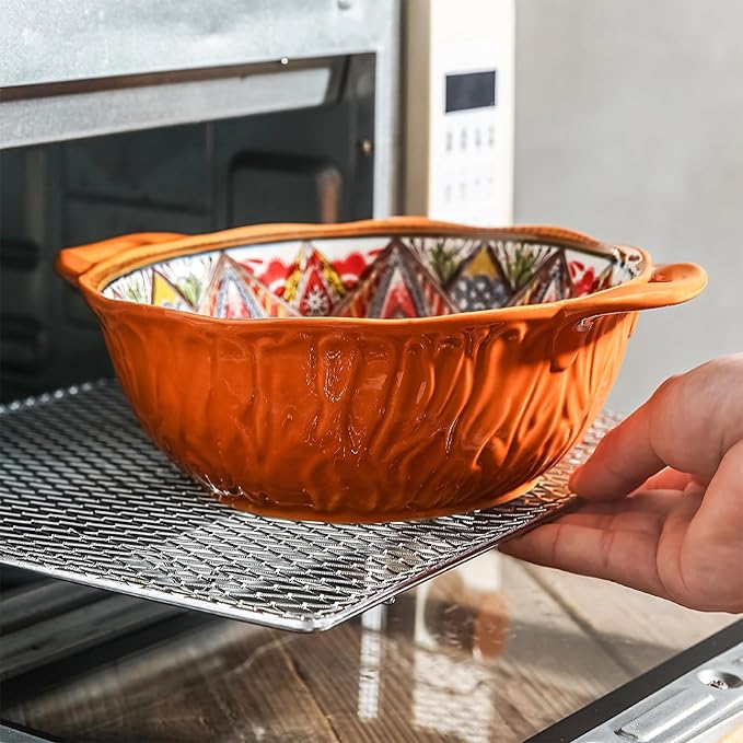 2 Pack Boho Ceramic Serving Bowls with Handles, 40 Oz Porcelain Salad Bowls, Large Serving Dishes for Entertaining, Mixing Bowls for Soup, Stew, Pasta, Cereal, Colorful Embossed Cute Bowls Set MLKS