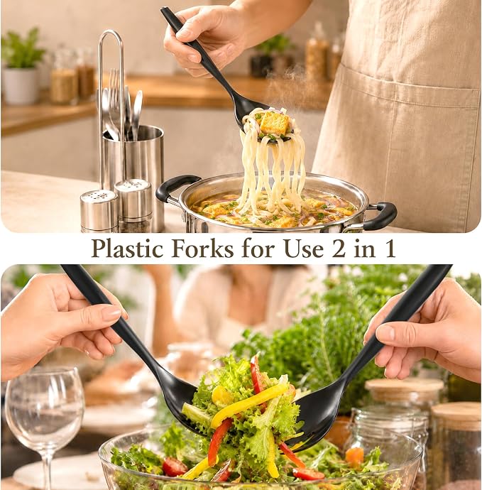 Mwellewm 72Pcs Plastic Serving Utensils Set 10 inch Disposable Serving Spoons Forks Tongs for Serving Food Large Heavy Duty Black Large Party Utensils Supplies for Buffet Restaurant Dinner Salad Soup
