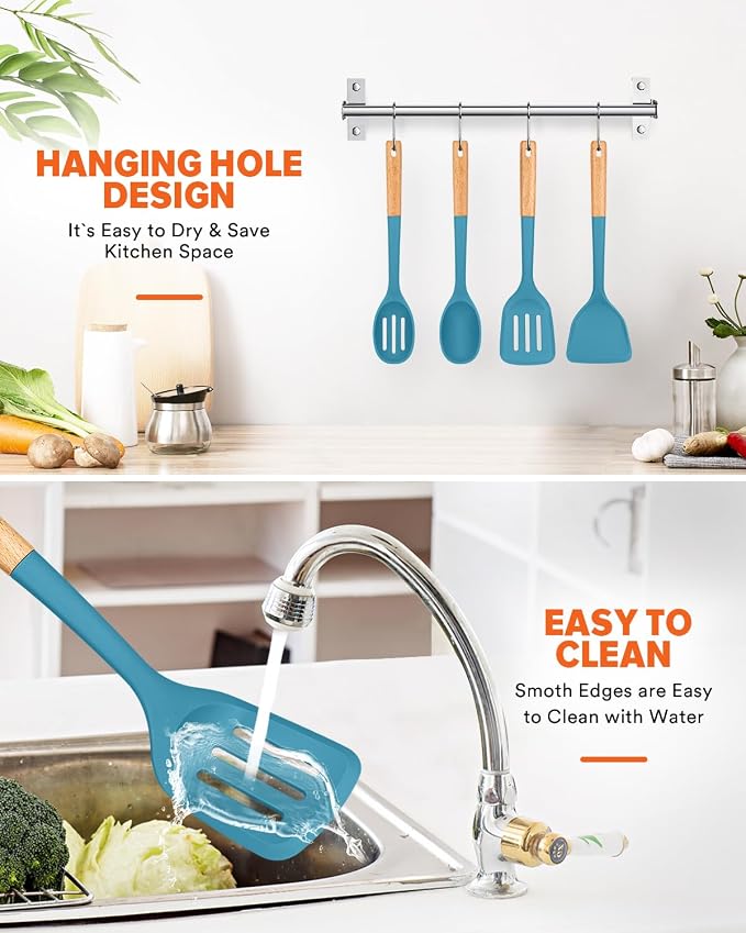 Silicone Cooking Utensils Set, Safe for Nonstick Cookwares, Blue | Perfectly Angled for Frying, Mixing,Serving,Draining,Turning and Stirring, BPA-Free Matte Silicone, Wood Handles,4 Pack