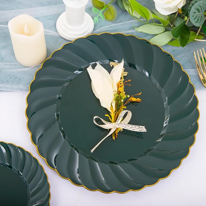 YOUBET 150PCS Emerald Green Plastic Plates for Party Wedding | Green and Gold Disposable Dinnerware Include 50 Plates, 25 Knives, 25 Forks, 25 Spoons, 25 Napkins Ideal