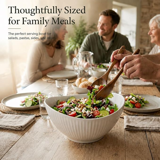 60oz Large Ceramic Salad Bowl with Acacia Wood Utensils, 10" Oval White Serving Bowl for Soup, Pasta, Fruit, Snacks – Mixing Bowls for Entertaining, Party, Kitchen, Dinner – Housewarming Gift