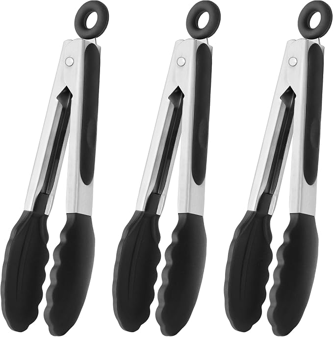 HINMAY Mini Tongs with Silicone Tips 7-Inch Kitchen Tongs, Set of 3 (Black)