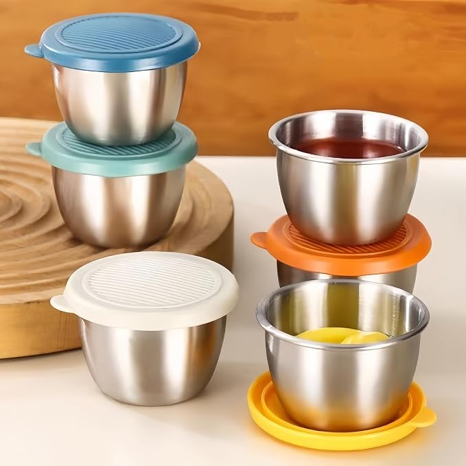 6 Pack 2.7oz Leakproof Salad Dressing Containers To Go, Reusable Stainless Steel Sauce Cups with Colorful Silicone Lids, BPA-Free Small Condiment Containers for Lunch Bento, Picnic & Travel, 80ml