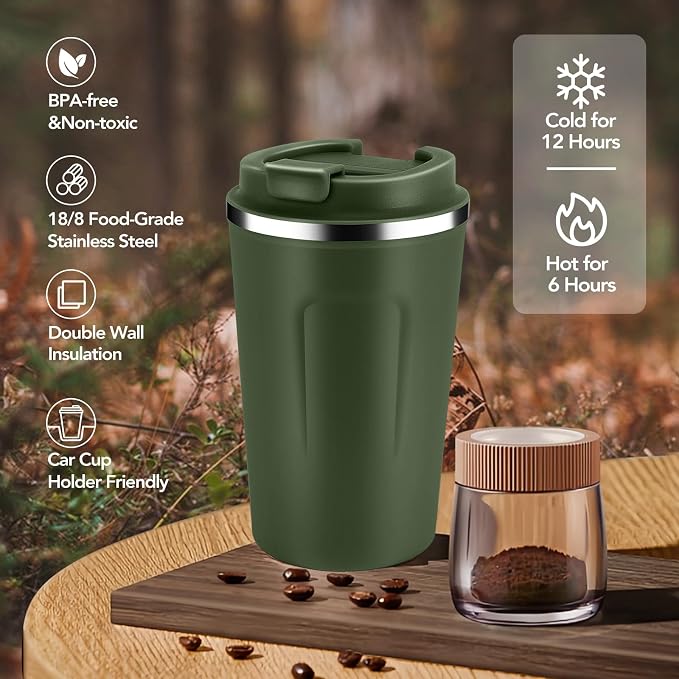 Volhoply 12 oz Double Wall Insulated Vacuum Travel Coffee Mug with Flip Lid,Reusable Stainless Steel Leak Proof Coffee Cup,Portable Cafe Thermal Tumbler Suitable for Hot&Cold Drinks(Army Green,1 Set)