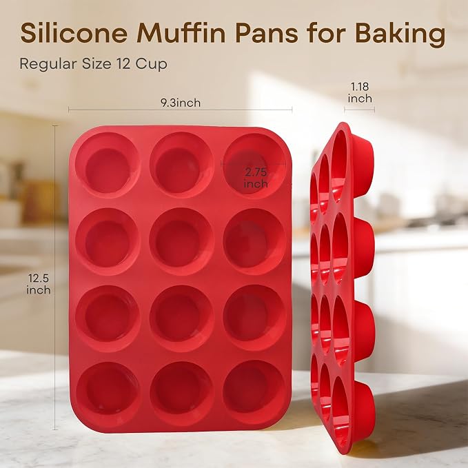 Silicone Mold for Baking, 12 Cup Nonstick Muffin Pan 2Pcs | Food-Grade Silicone Muffin Tin, Oven Dishwasher Freezer Safe Silicone Molds for Home Baking DIY, Cupcakes, Egg Bites