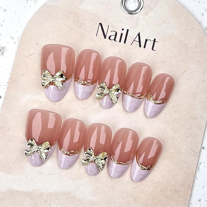 30Pcs Medium Almond Press On Nails Pink French Tip Fake Nails with 3D Metal Bow Rhinestone Design Cute Artificial Stick On Nails Full Cover Acrylic Nail Tips False Nails for Women Manicure