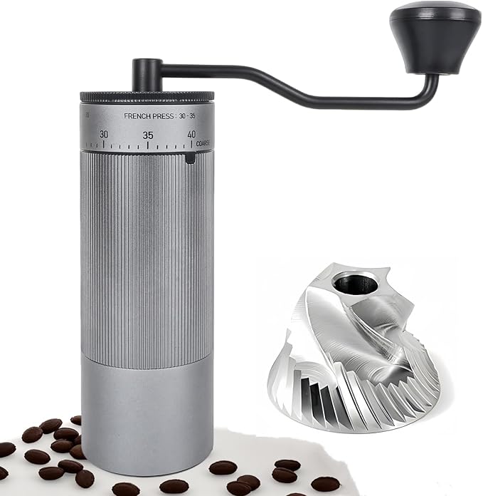 CEVING Mini Manual Coffee Grinder With 40 Adjustable Settings, Silver | Portable Hand Coffee Bean Mill with Stainless Steel Burrs, 30g Capacity, Ideal for Travel, Camping, French Press, Pour Over