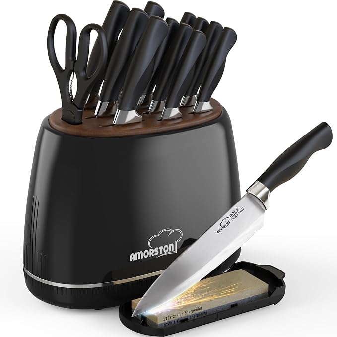 Knife Set, Amorston 14-Piece Kitchen Knives Set with Block & Sharpening Stone, Stainless Steel Dishwasher Safe, Knife Block Set with Ergonomic Handle, Professional Kitchen Knives for Home Cooking