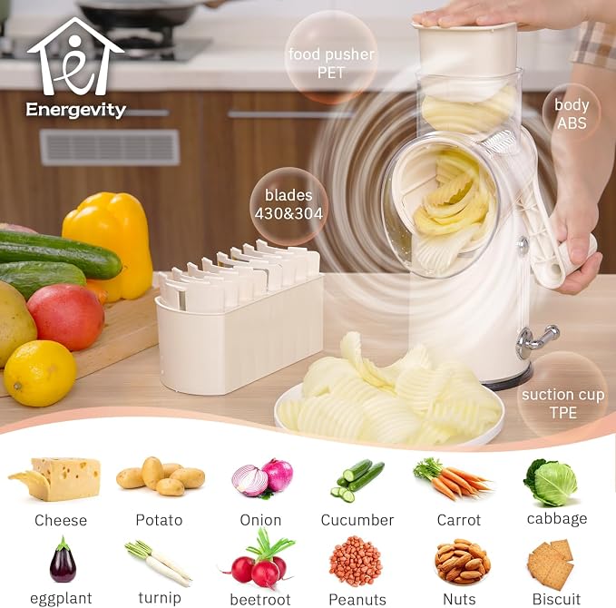 ENERGEVITY Hand Crank Rotary Cheese Grater, 5-in-1 Vegetable Slicer (White) | Easy to clean.Strong suction base.Internal barrel keeps hands away from blades.BPA-free food-grade ABS plastic.