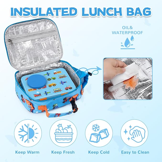 Bento Box for Kids, Leakproof Kids Lunch Box with 8.5OZ Thermo Food Jar & Lunch Bag, 3-4 Compartments Toddler Insulated Lunch Box for Boys, BPA Free Lunch Containers for School Daycare