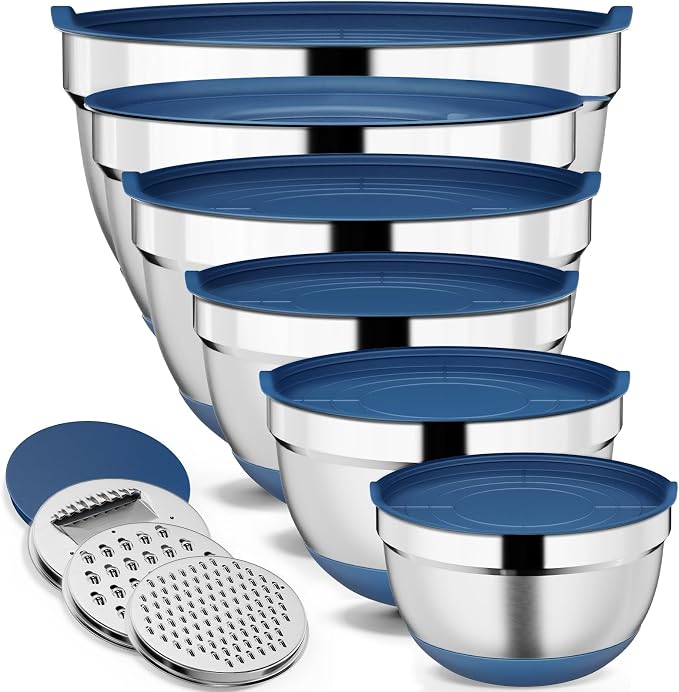 9 Pack Mixing Bowls with Airtight Lids & Grater Attachments, Blue | Stainless Steel Bowl, Non-slip Bases, Nesting Kitchen Bowl, Size 5, 4, 3, 2, 1.5,1QT,for Food Prep, Baking, Storage & Serving