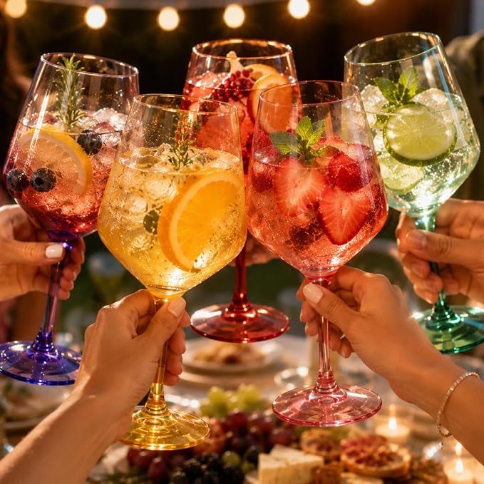 European Style Plastic Crystal Unbreakable Stemmed Wine Glasses | Set of 12 | Acrylic Glasses Tritan Bright Colors Shatterproof BPA-free, Outdoor, Pool, Indoor, Hand Wash 17oz Gift, Everyday & Holiday