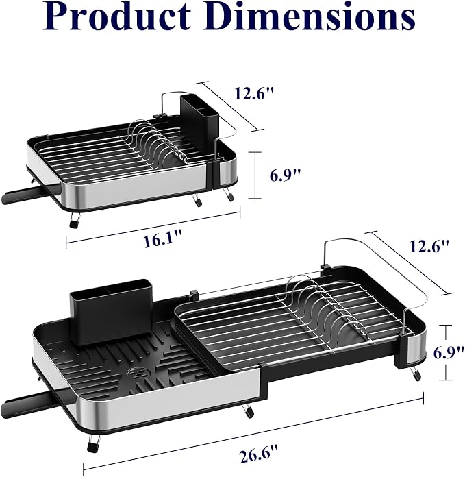Kitsure Expandable Metal Dish Drying Rack, 16.1-26.6" L x 12.6" W, Black | Dish Racks for Kitchen Counter, Auto-Drain Drying Rack for Kitchen, Cutlery Holder, Non-Slip Feet, Anti-fall Fence